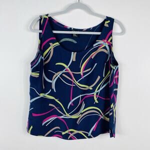 Via Seta Size 12 Abstract Print 100% Silk Tank Top Navy Blue